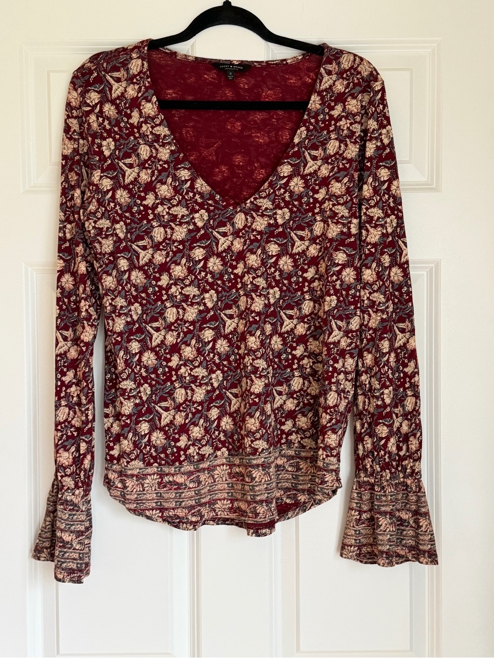 Lucky Brand Burgundy Floral V-Neck Long Sleeve Top